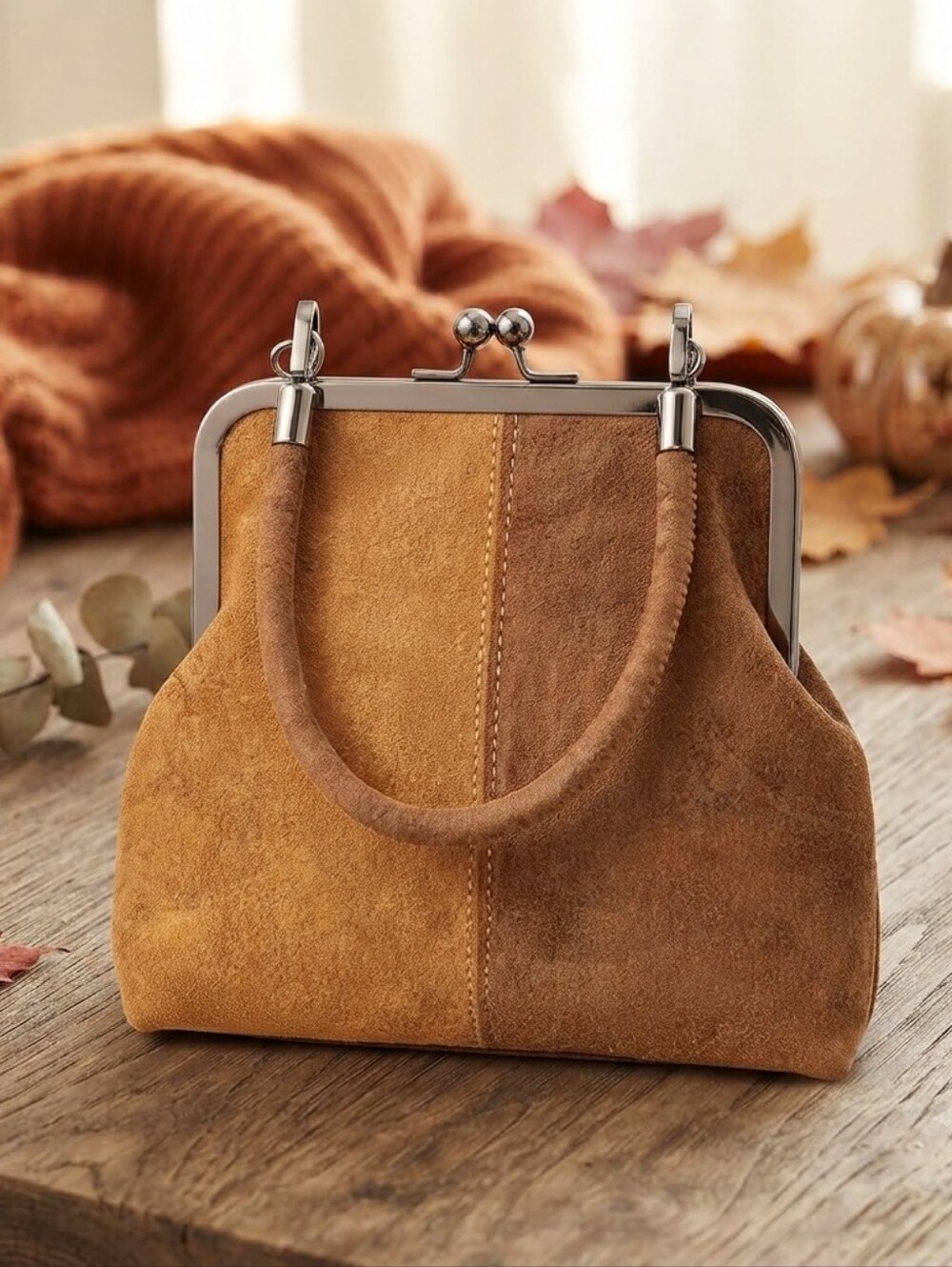 Suede Frame-Top Tote Bag in Tan